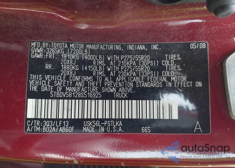 2008 Toyota Tundra Limited 5.7L V8 из США, поврежденный, VIN 5TBDV58128S516925